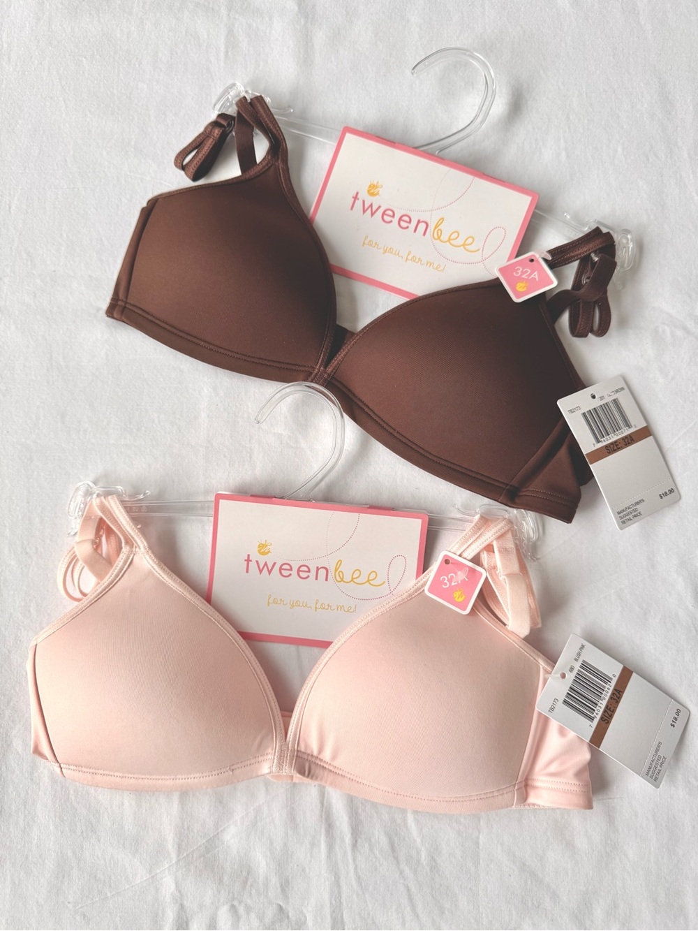 NWT Tween Bee girls bras 2 pack full coverage pink and cocoa